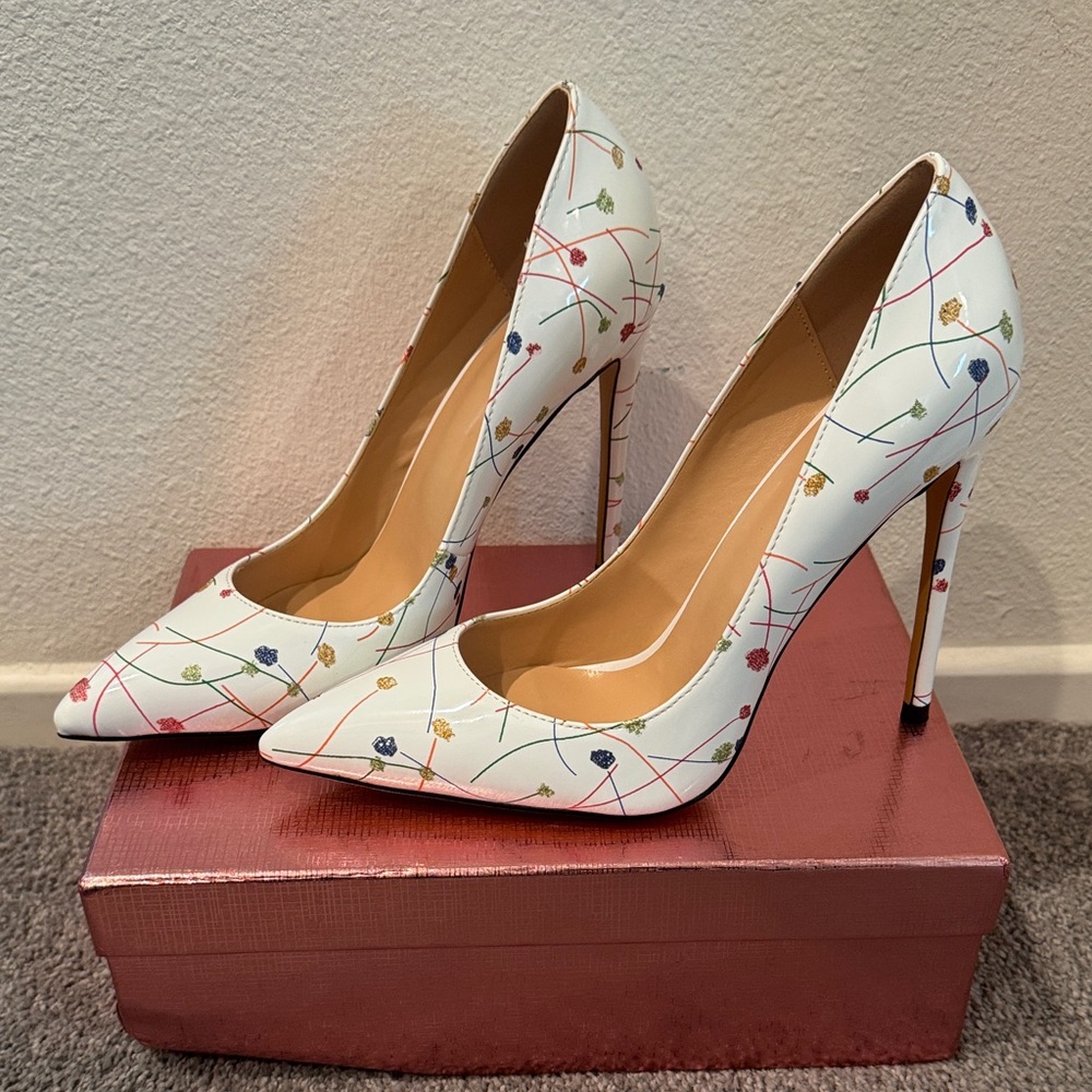 Floral Patterned White Stiletto Heels